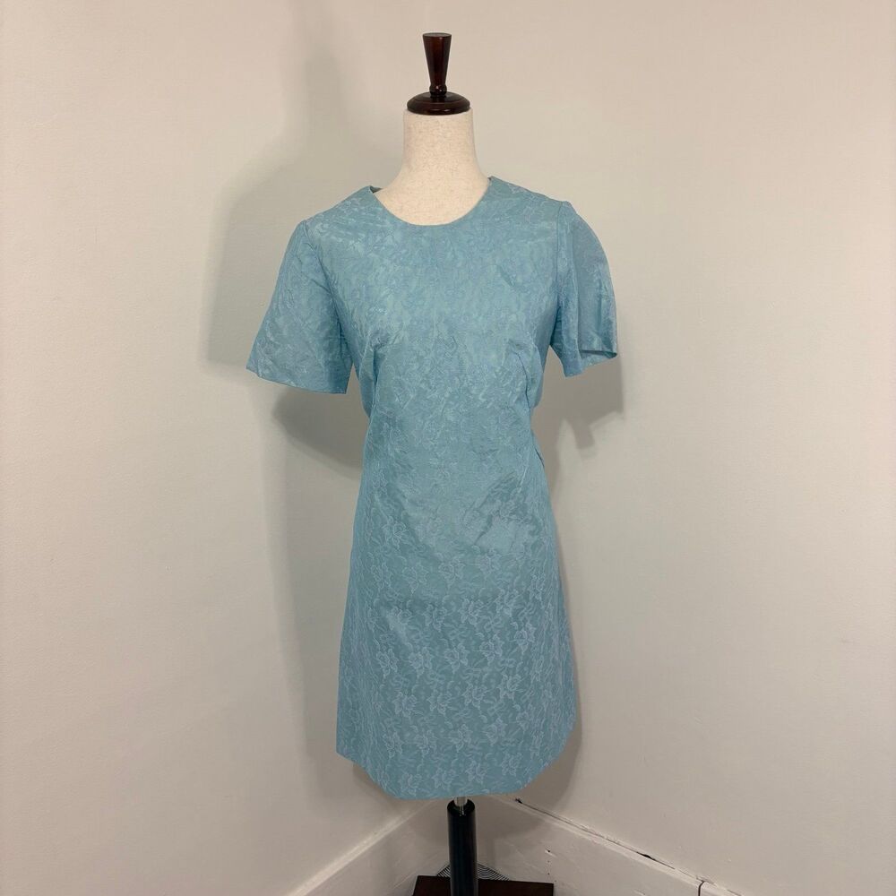 Vintage Light Blue Lace Short Sleeve Knee-Length Dress